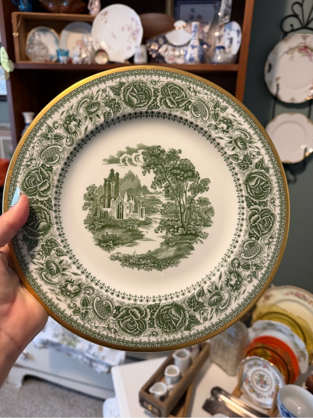 Green Scenic Transferware Dinner Plate with Gold Trim